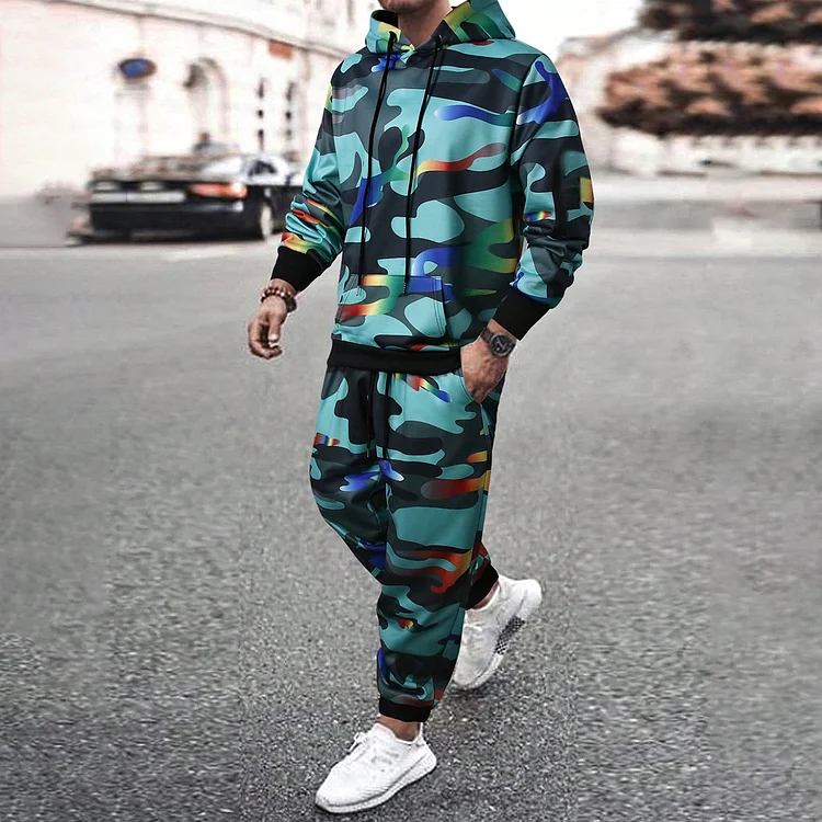 Broswear Blue Camouflage Pattern Print Casual Tracksuit Two Piece Set