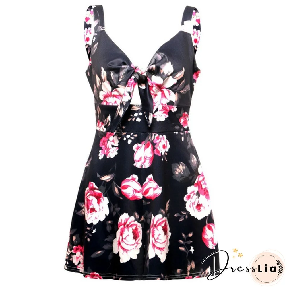 Womens Straps Chest Bow Tie Printed Loose Romper Dress Jumpsuit Shorts Off Shoulder Slim Beauty Beach Dress Shorts Strap Playsuit