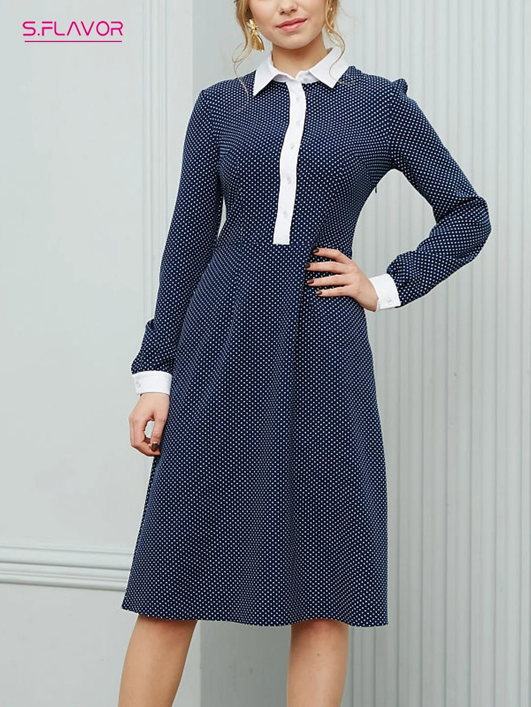 Jangj S.FLAVOR Elegant Women Single Button Working Dress Turn-Down Collar Patchwork Retro A-line Dresses Spring Summer Clothes