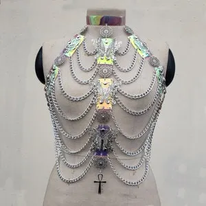 pornhint Pornhint Holographic PVC Harness Top, Body Chain ,PVC Panties,Skirt ,Rave Clothing,Burnning Man Costumes