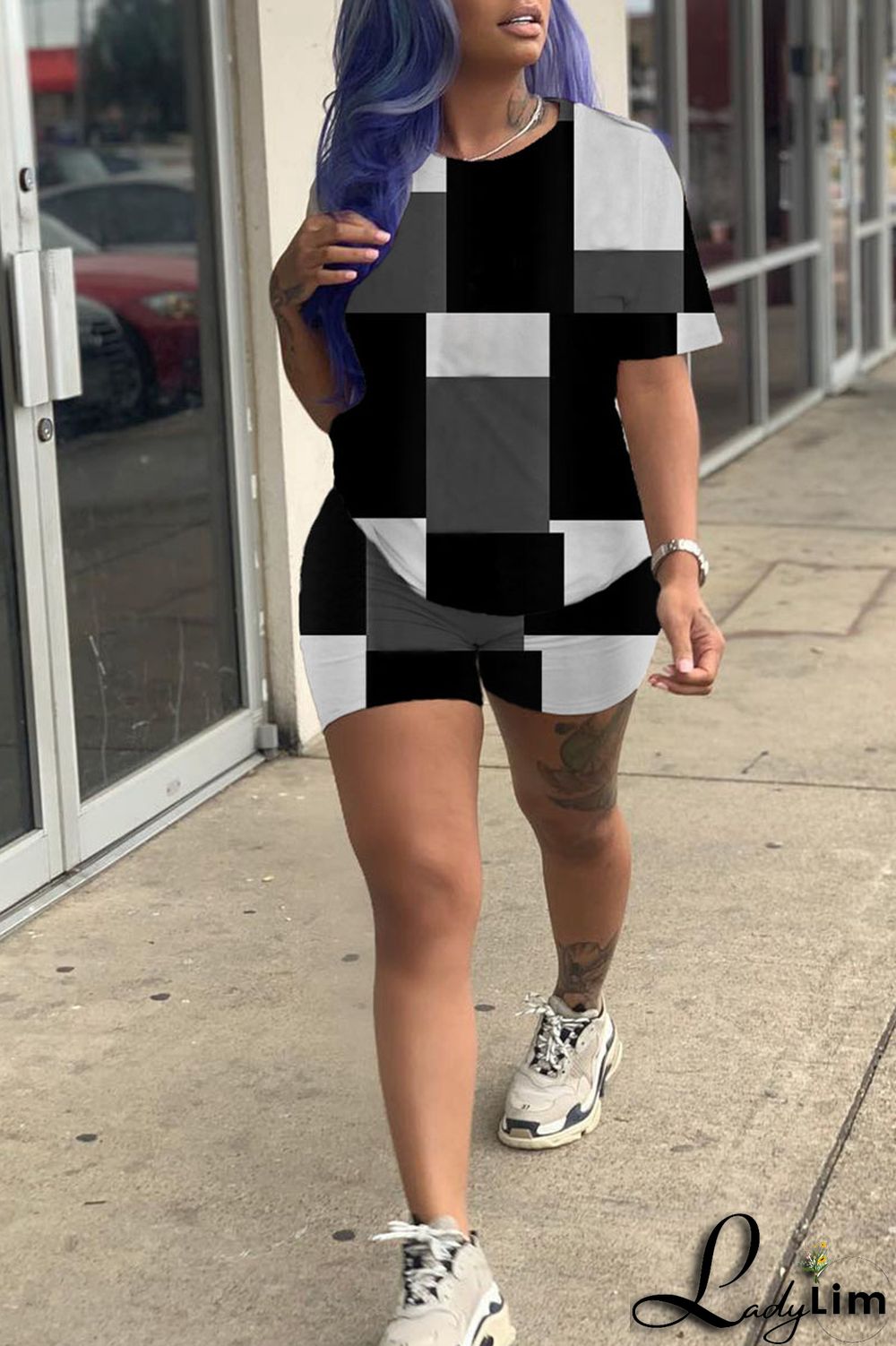 Black Casual Print Patchwork O Neck Short Sleeve Two Pieces