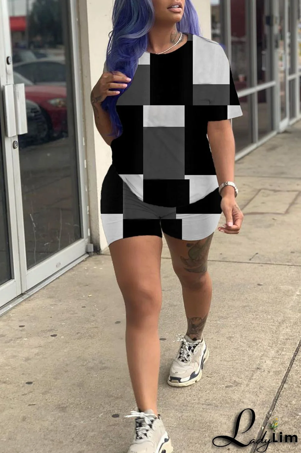 Black Casual Print Patchwork O Neck Short Sleeve Two Pieces