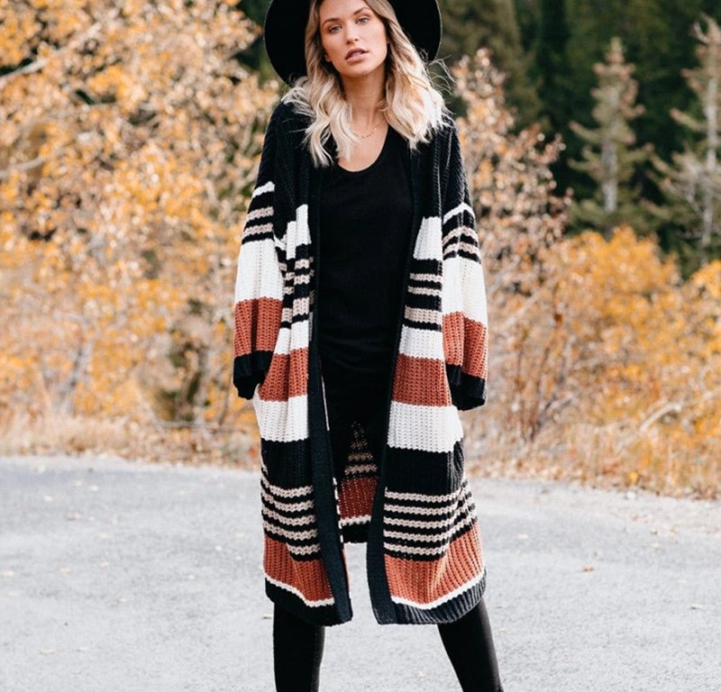 Sweater Women's Large Size Loose Striped Color Matching Cardigan Women