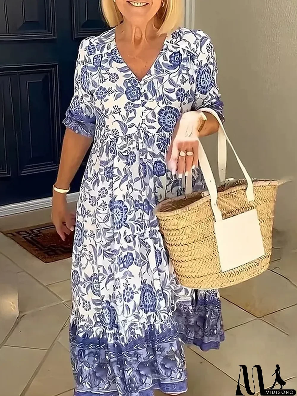 MidiSono - Women's Summer Dress Boho Dress Floral Print Ruffle V Neck Midi Dress Active Fashion Outdoor Daily Half Sleeve Loose Fit Pink Blue Sky Blue Summer Spring S M L XL XXL