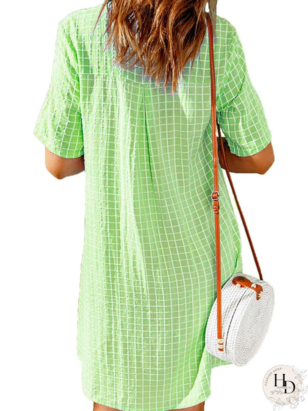Women's Casual Shirt Short Skirt Lapel Plaid Loose Short Sleeve Dress White Dress