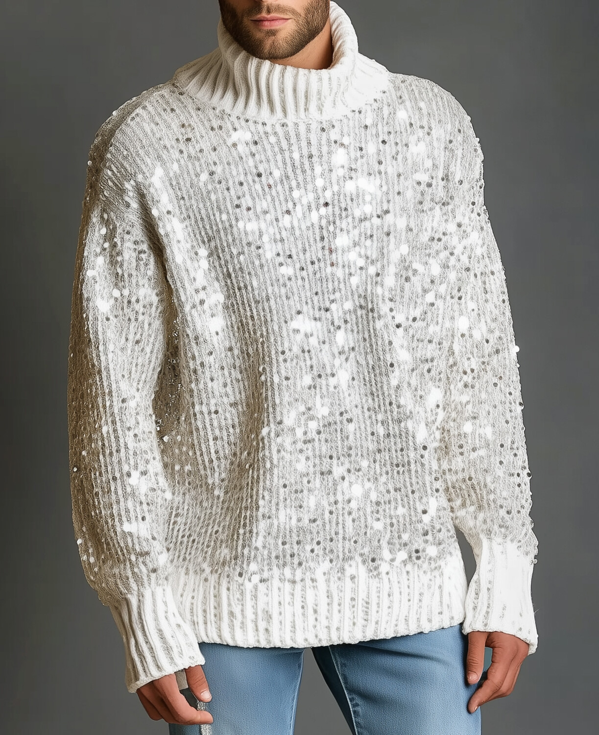 Okaywear Sequin High Neck Long Sleeve Knit Sweater