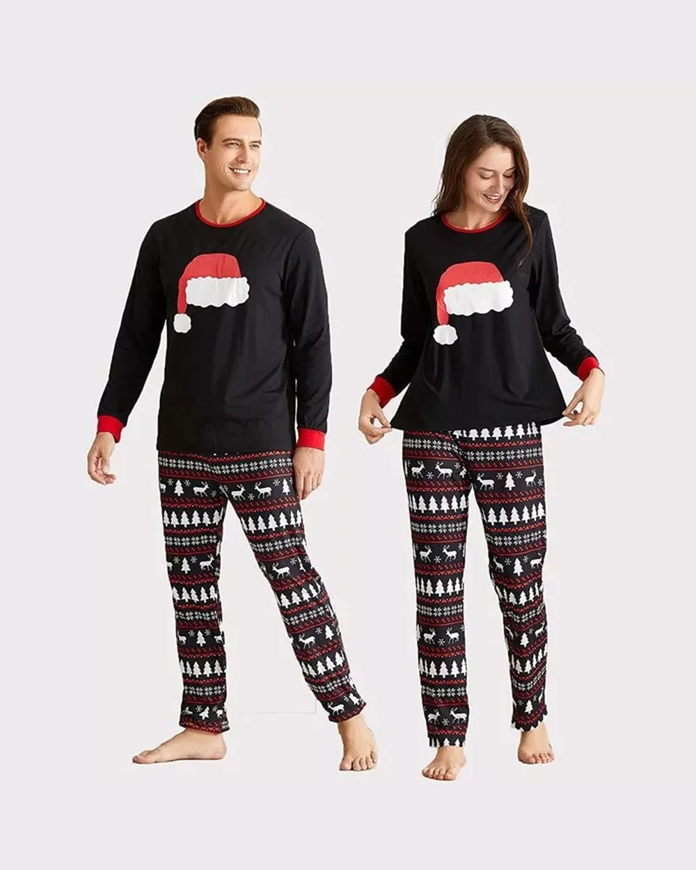 Black Santa Hat deer Print Christmas Pajamas