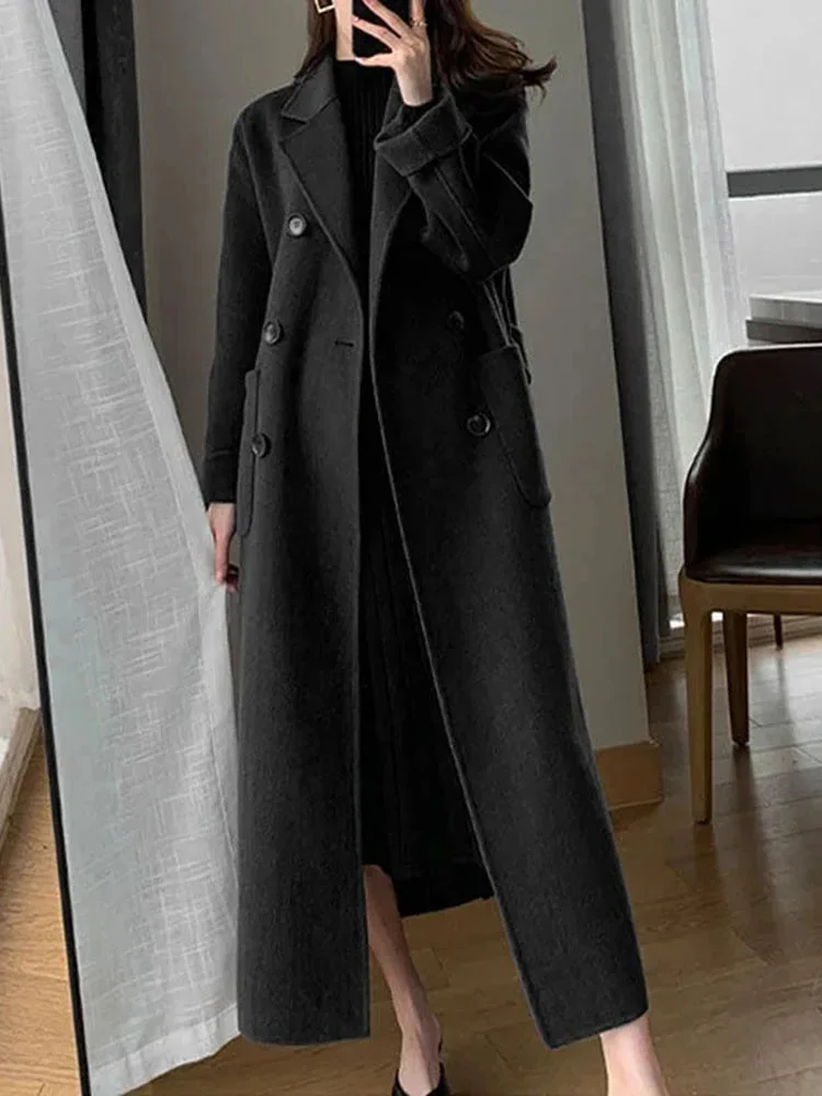 Oocharger Winter Woolen Long Coat Casual Women Double Breasted Faux Wool Jacket Fall Fashion Korean Ladies Black Clothes New