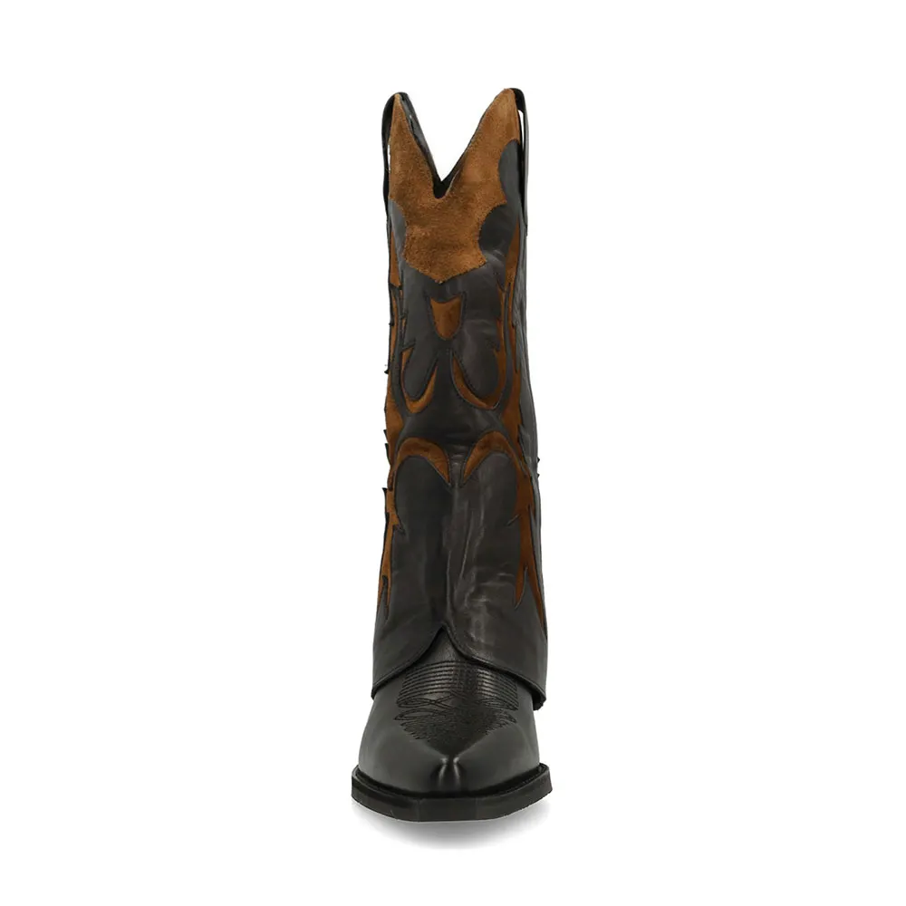 Fold Over Brown & Black Patchwork Pull On Pointed Toe Cowgirl Boots