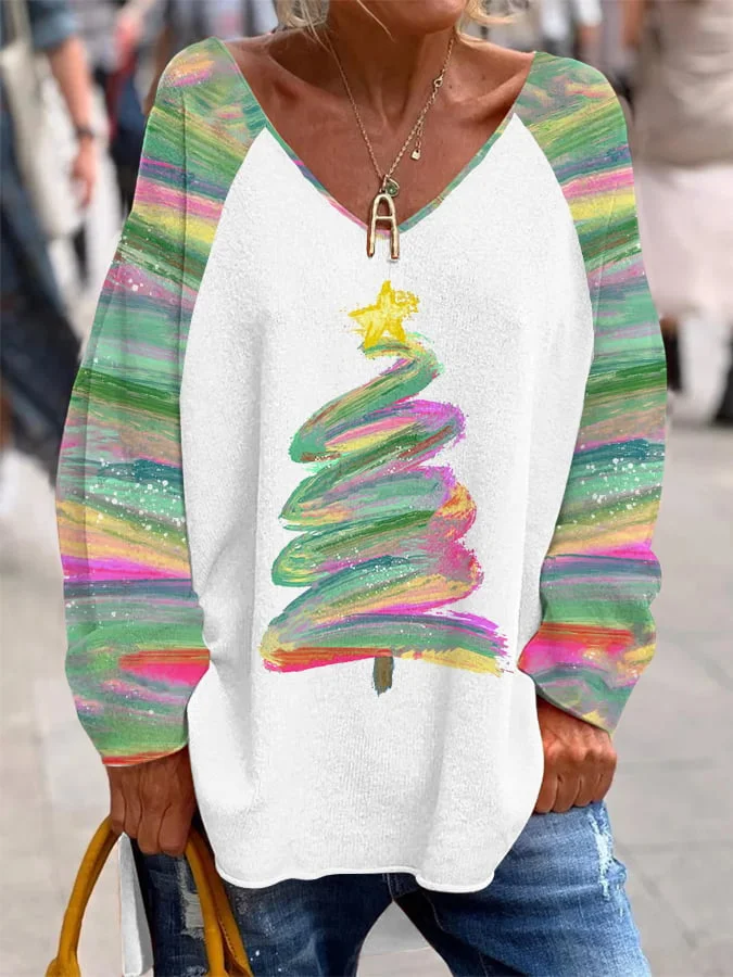 Women's Oil Painting Christmas Tree Print Long Sleeve Top