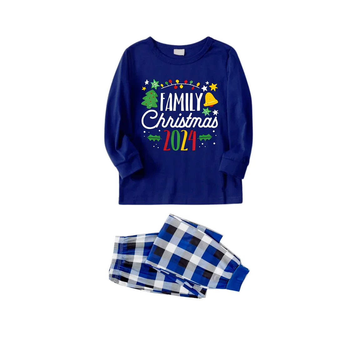 "Family Christmas 2024" Text and Cute Pattern Printed Blue and White Plaid Family Matching Pajamas