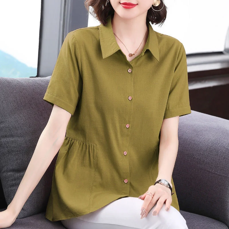 Pongl Women's Clothing Short Sleeve Shirt New Summer Loose Solid Color Blouse Lapel Button Shirring Fashion Elegant Office Lady Tops