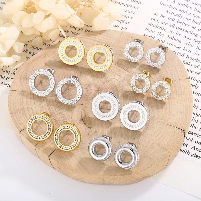 1 Pair Minimalist Round Solid Color Inlay Stainless Steel Crystal Rhinestones 18K Gold Plated Ear Studs