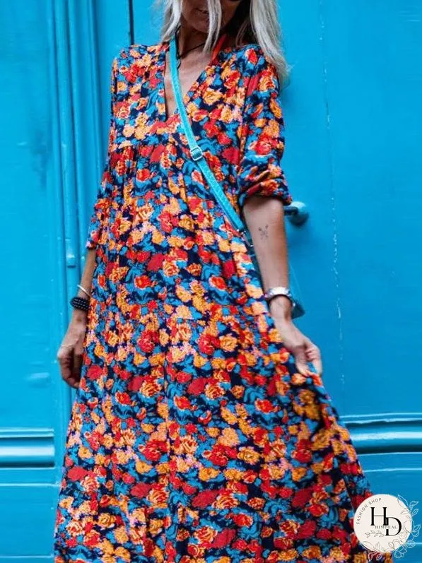 Dresses Vintage Print V-Neck Long Sleeve Dress for Women