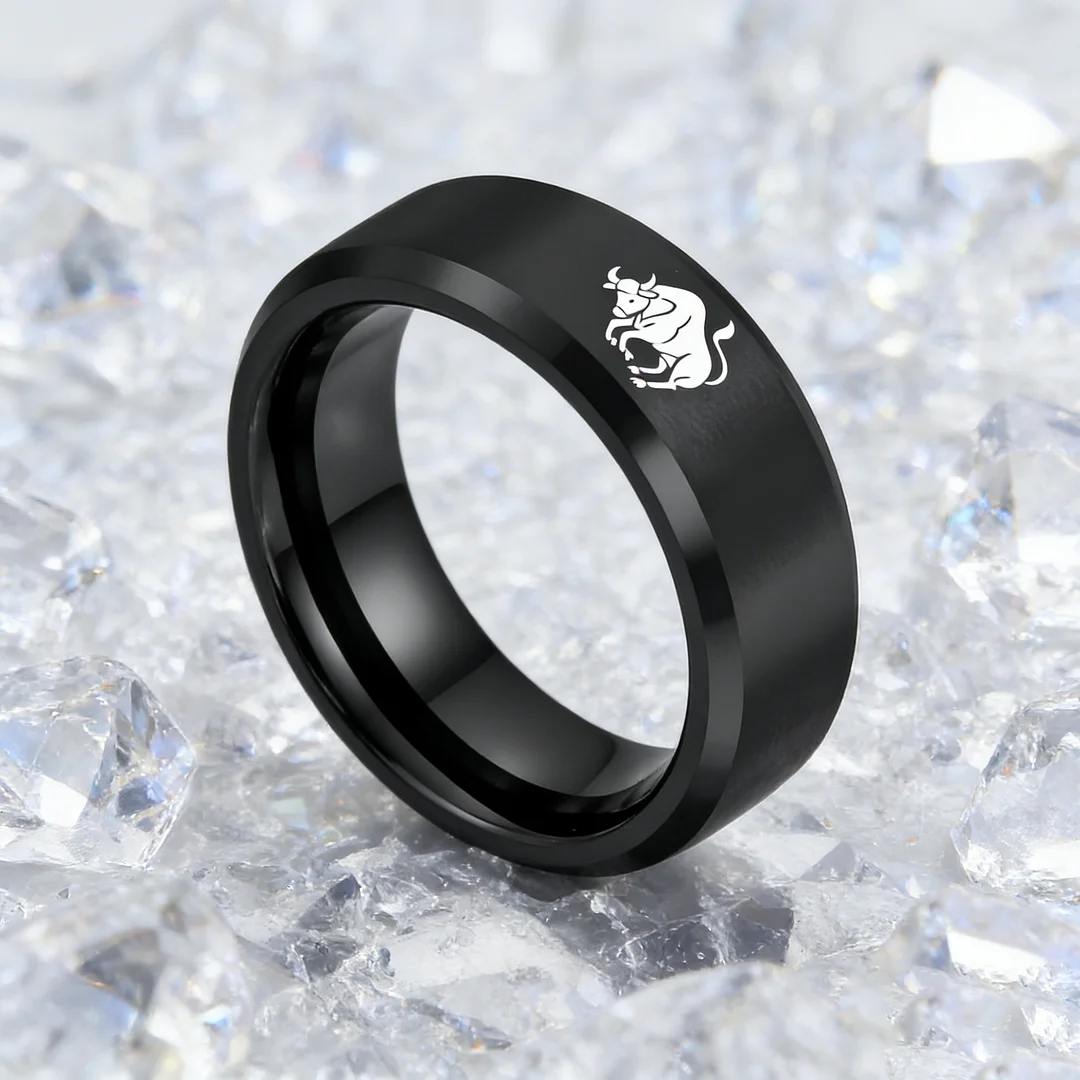 Mens Womens Black Taurus Tungsten Carbide Rings Black Edges and Laser Etched Wedding Bands Comfort Fit 4MM 6MM 8MM