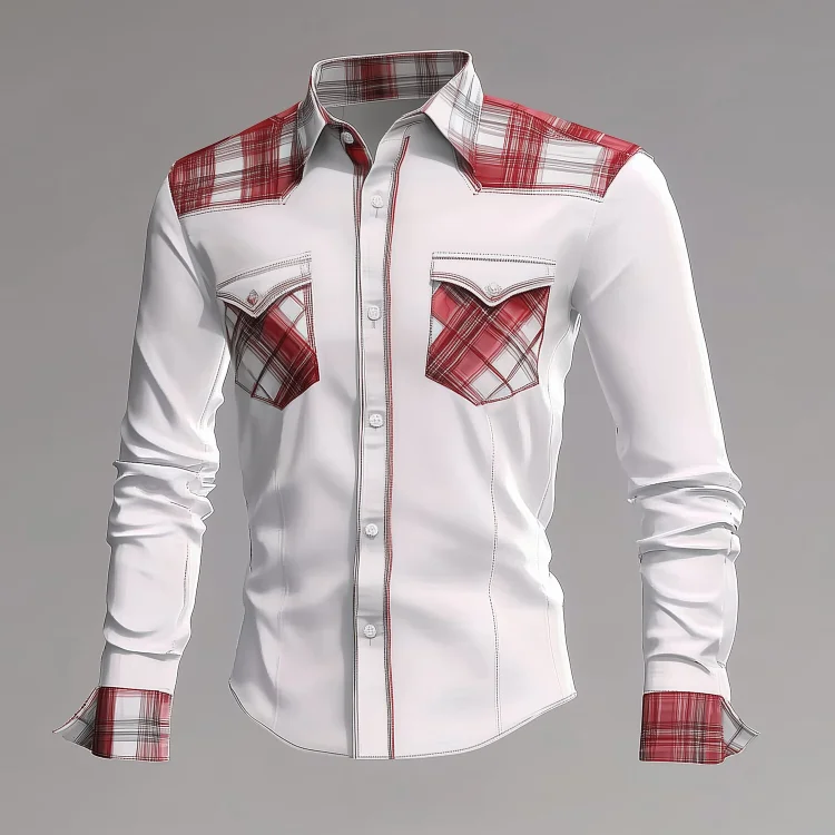 Okaywear Plaid Patchwork Button Chest Pocket Long Sleeve Shirt 