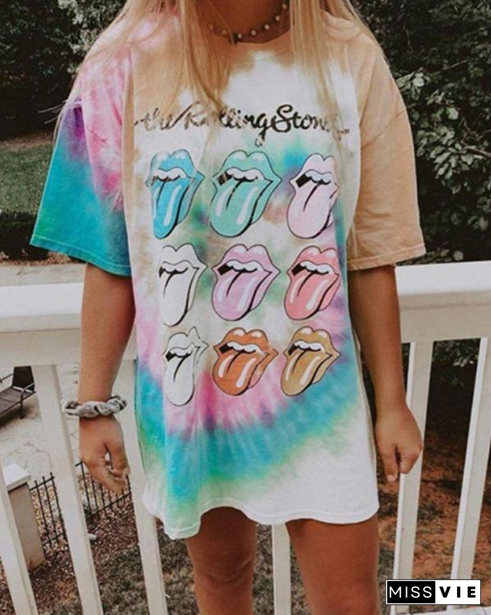 Colorful Round Neck Short Sleeve Tie-Dye Tee