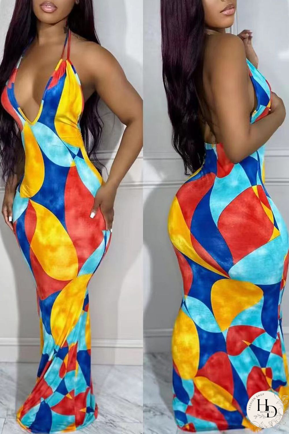 Colour Sexy Print Patchwork Halter Printed Dress Dresses
