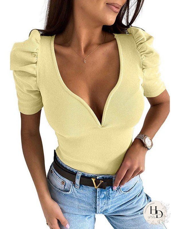Stylish Women'S V-Neck Puff Sleeve Slim Fit T-Shirt With Short Sleeves