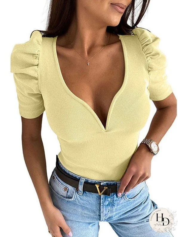 Stylish Women'S V-Neck Puff Sleeve Slim Fit T-Shirt With Short Sleeves
