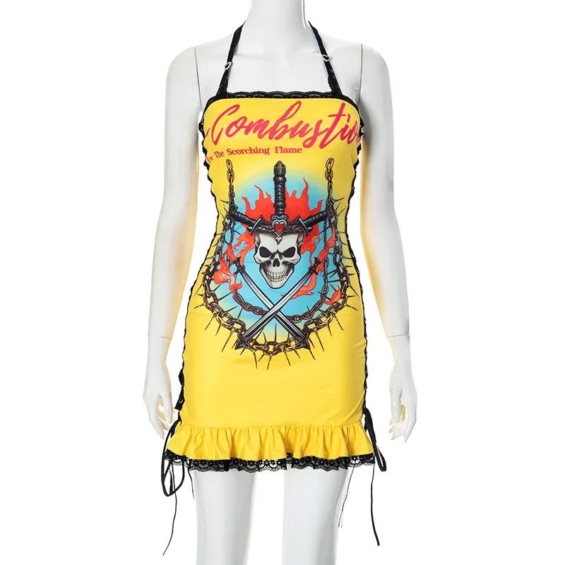 Uveng Uveng Women's New 3D Three-Dimensional Pattern Printing With Lace Lace Hanging Neck Dress