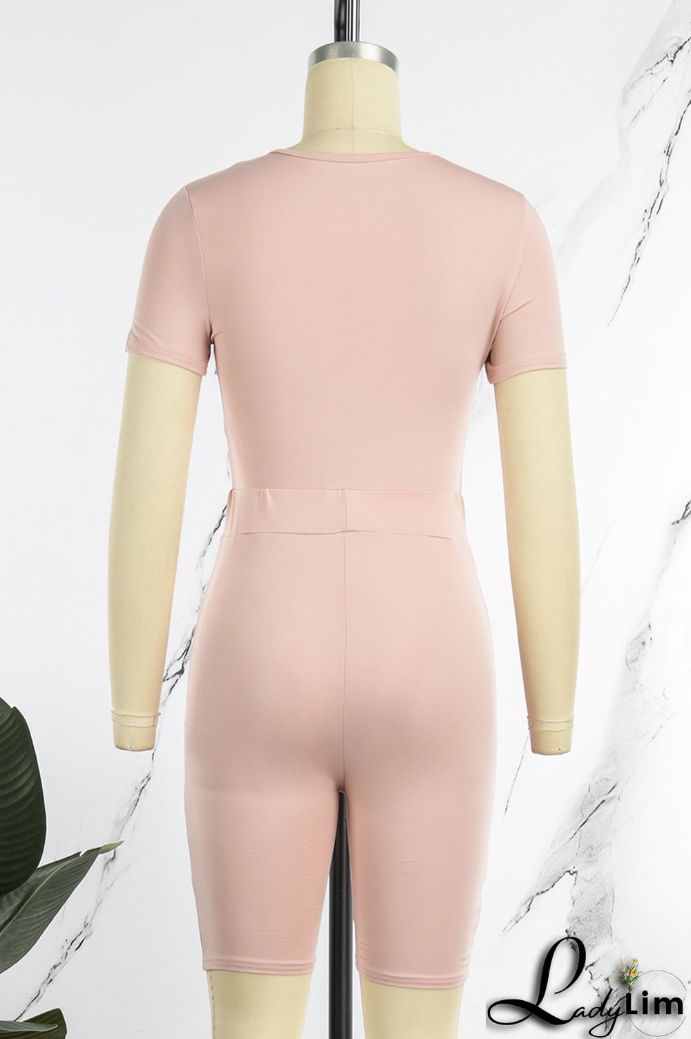 Pink Casual Solid Basic O Neck Short Sleeve Two Pieces