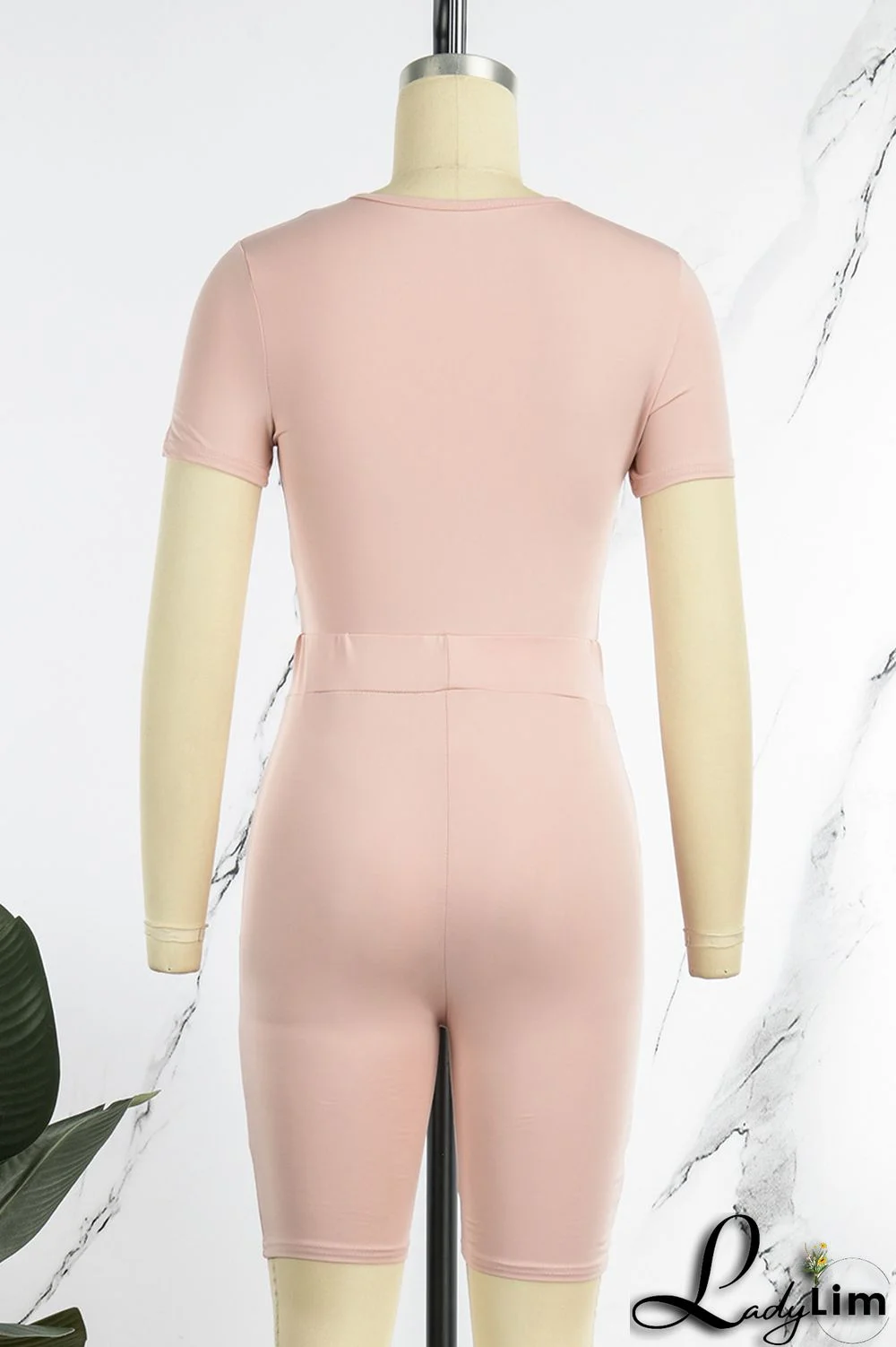 Pink Casual Solid Basic O Neck Short Sleeve Two Pieces