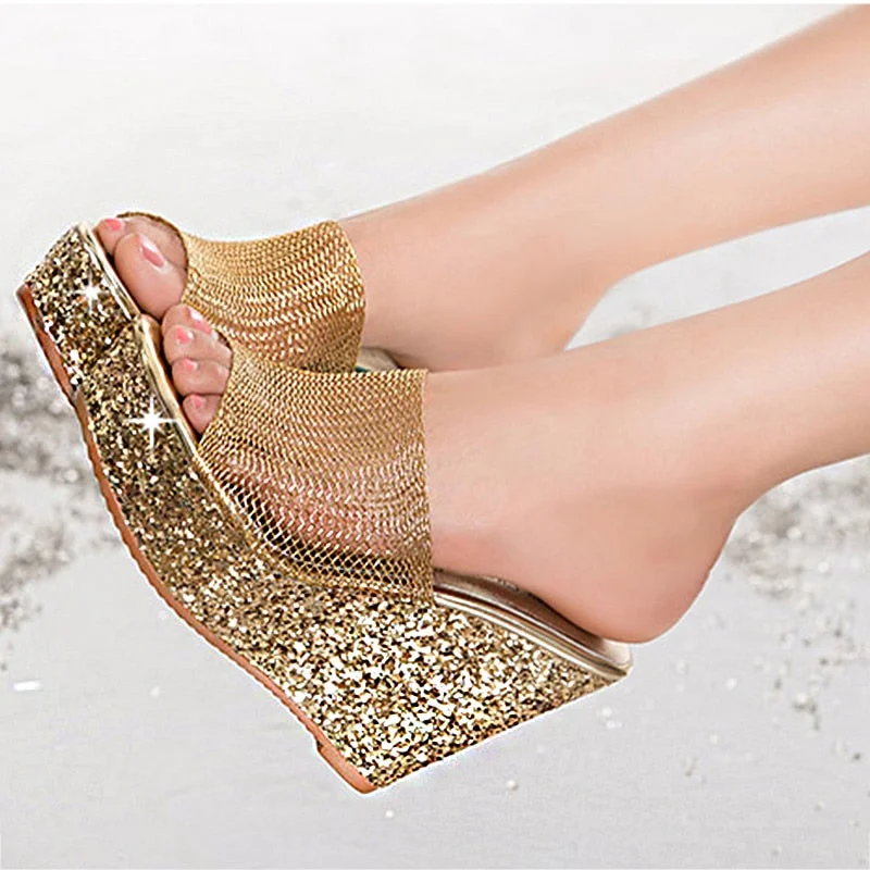 2021 Summer New Platform Wedge Sandals For Women's With PVC Sequins  Fish Mouth Word Slippers