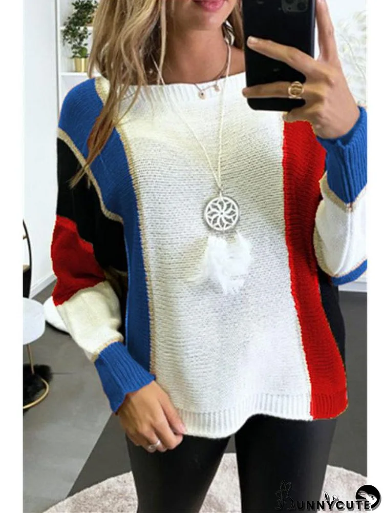 Women's Color Block Knitted Scoop Neck Long Sleeve Sweater Top