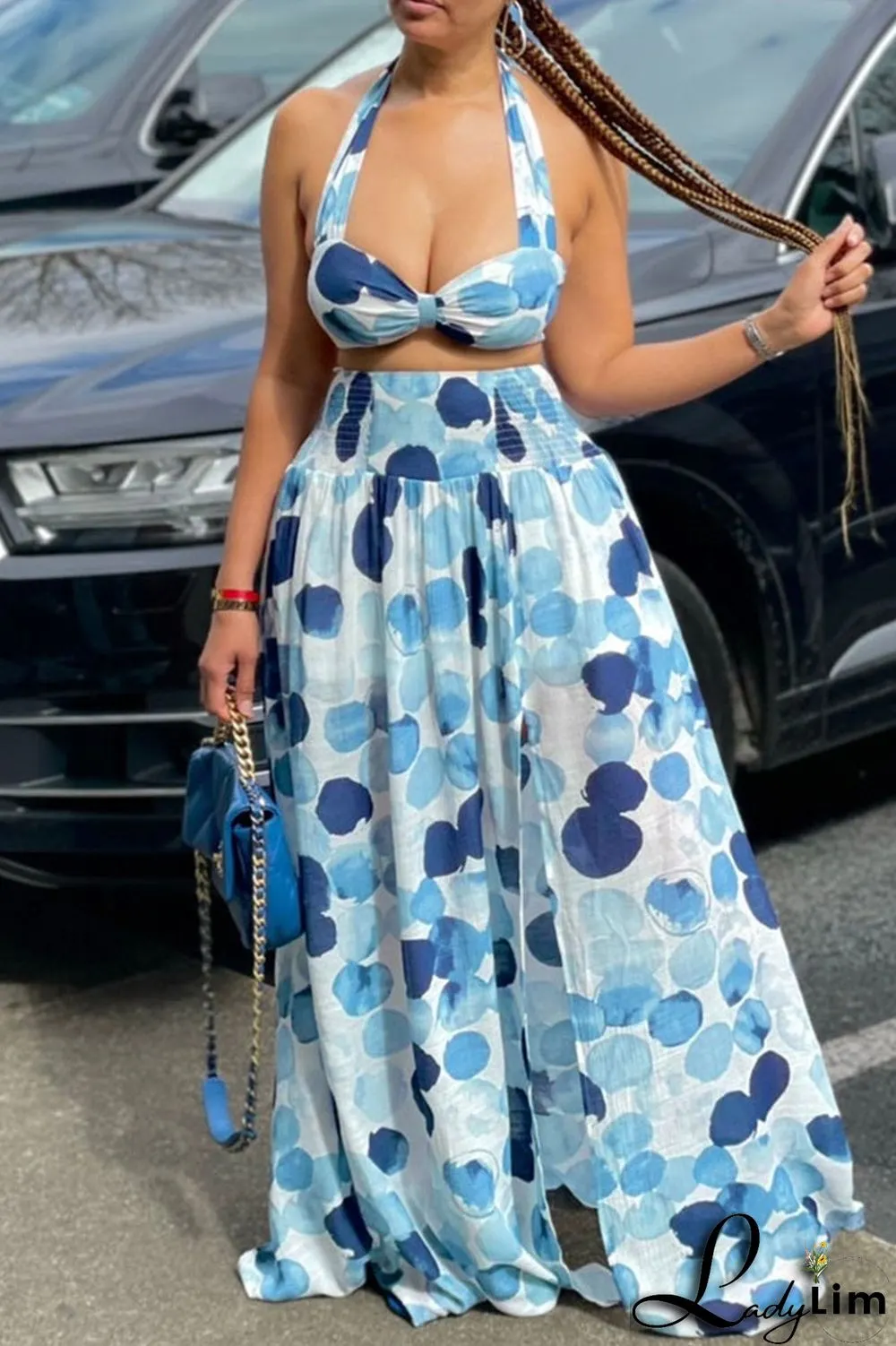 Black Sexy Vacation Print Split Joint Slit Halter Sleeveless Two Pieces