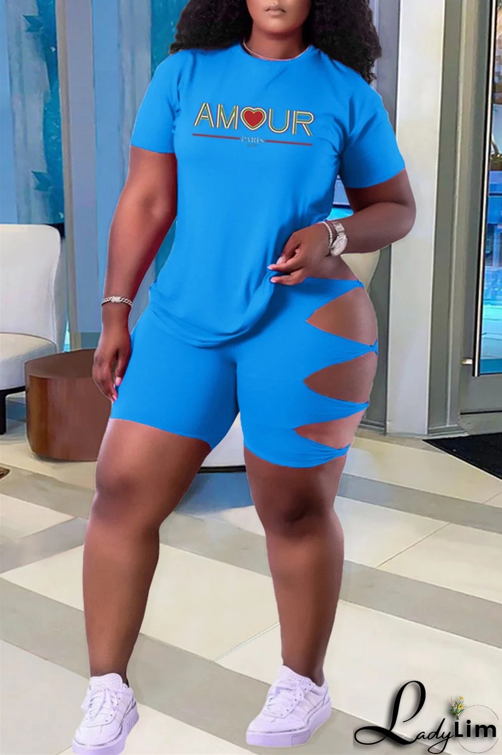 Green Fashion Casual Letter Print Ripped O Neck Plus Size Two Pieces