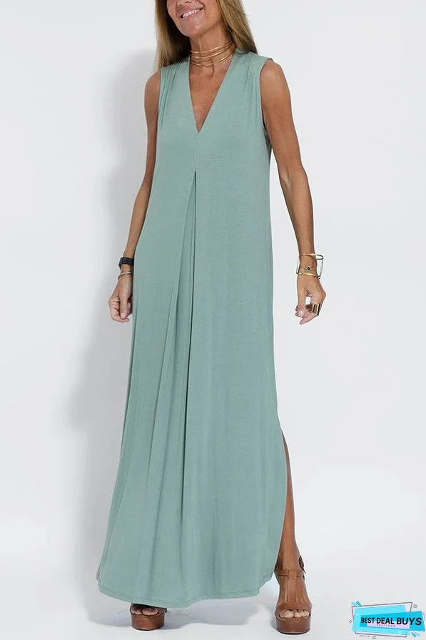 Elegant Is Eternal Knit Solid Color Sleeveless Slit Maxi Dress