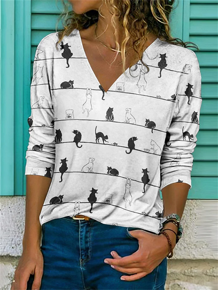 V-neck White Long-sleeved Cat Pattern Casual Tops for Women