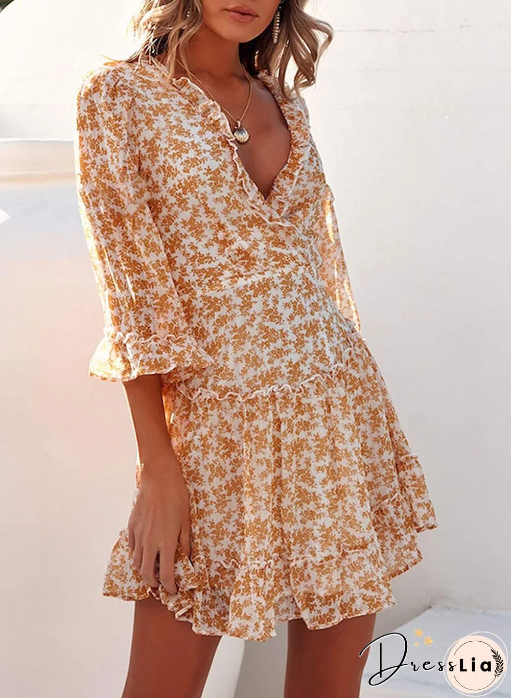 Ditsy Floral Prints Ruffle Edge Tiered Long Sleeve Boho Dress