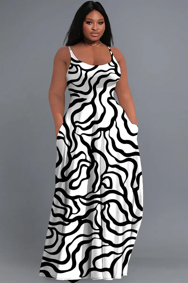 black and white dress plus Xpluswear Design Size Daily Sundress Zebra Print Round Neck Pocket Maxi Dresses Black-2XL/18-20 Style with strappy heels Archive-Sale-March25 Audrey Black Puff Sleeve COLOR:Black & White