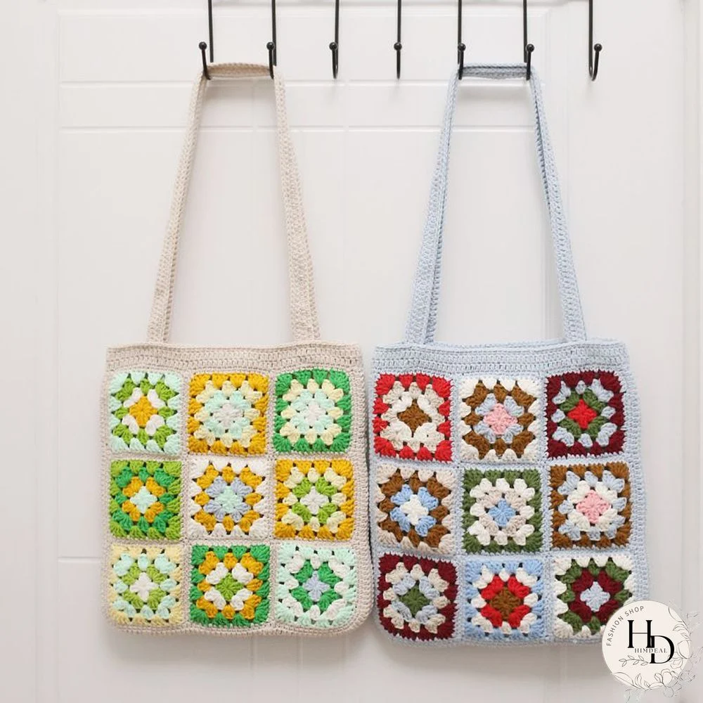 Multi Colors Hand Woven Knit Summer Sunflower Daisy Flowers Tote Bag