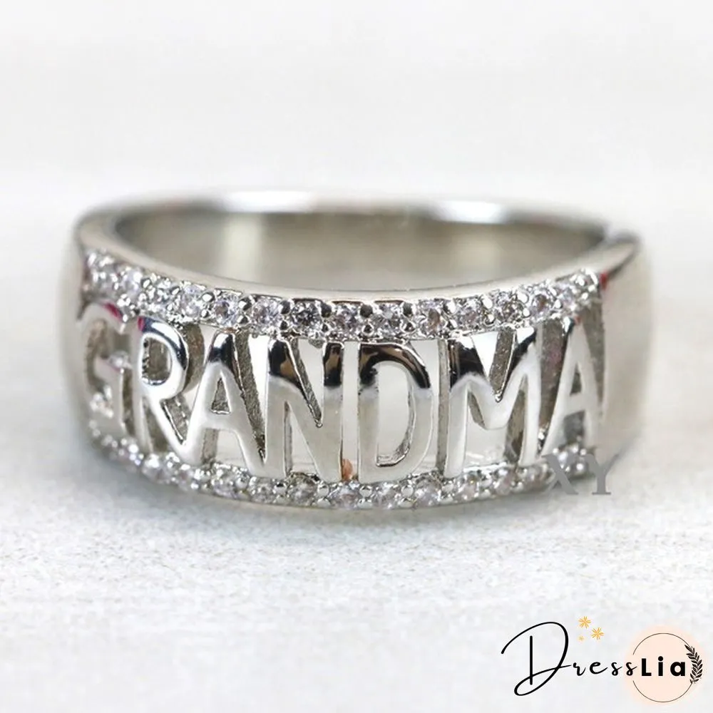 18KRose gold/925silver/18K Gold Grandma Letter Diamond Ring Jewelry Family Birthday Best Gift for Women Band Rings Size 5 6 7 8 9 10