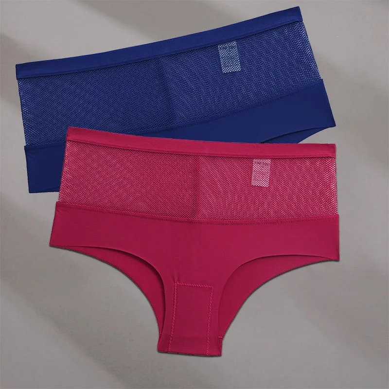 FINETOO 2PCS/Set Seamless Mesh Women Pantys Girls Thongs High Waisted Woman Brief Fashion M-XL Sexy Underpants Lingerie Panties