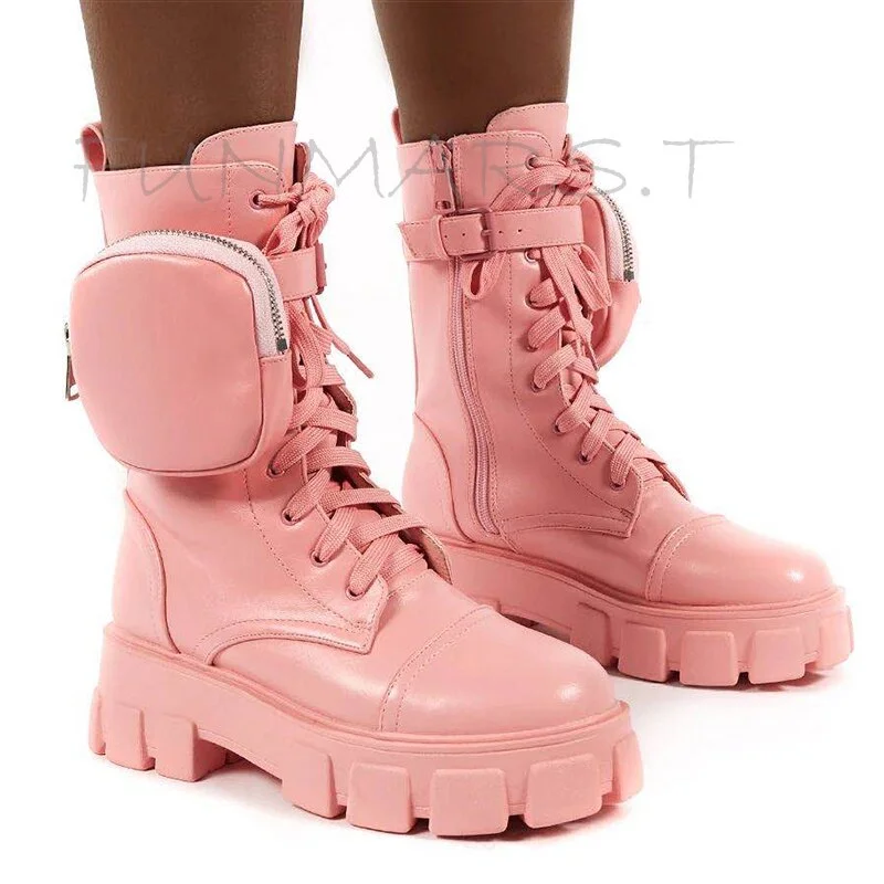 2020 New Chunky Boots Fashion Pocket Platform Boots Women Ankle Boots Female Sole Pouch Motorcycle Boots Shoes Women Botas Mujer