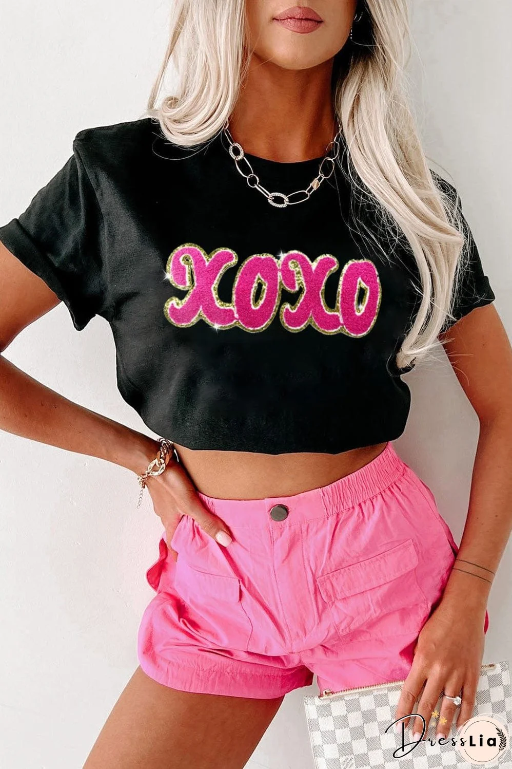 Chic Black Glitter "xoxo" Graphic Chenille Valentine's Day Tee