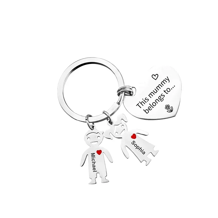 Mother's Day Gifts Personalized Heart Keychain With 2 Kid Charms "This Mummy/Mommy Belongs to" For Her