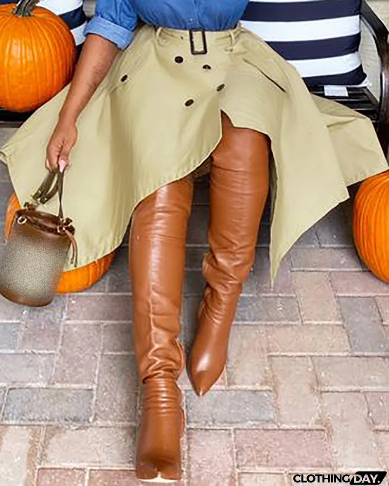 Solid Color Khaki Irregular Skirt