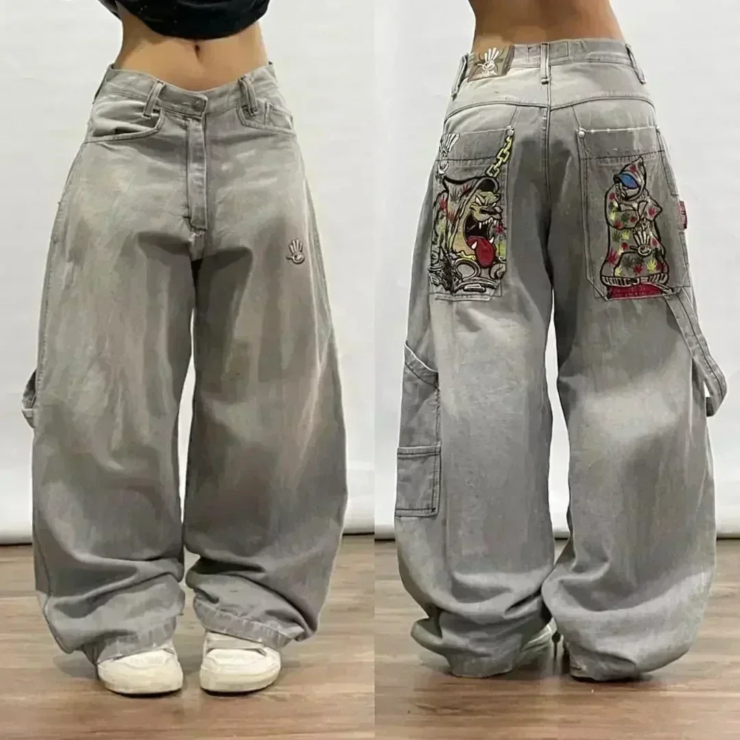Edubridgesmart American Y2K New Fashion Punk Pattern Embroidered Straight Jeans Women Street Casual Loose Oversized Wide-leg Pants Couple Jeans