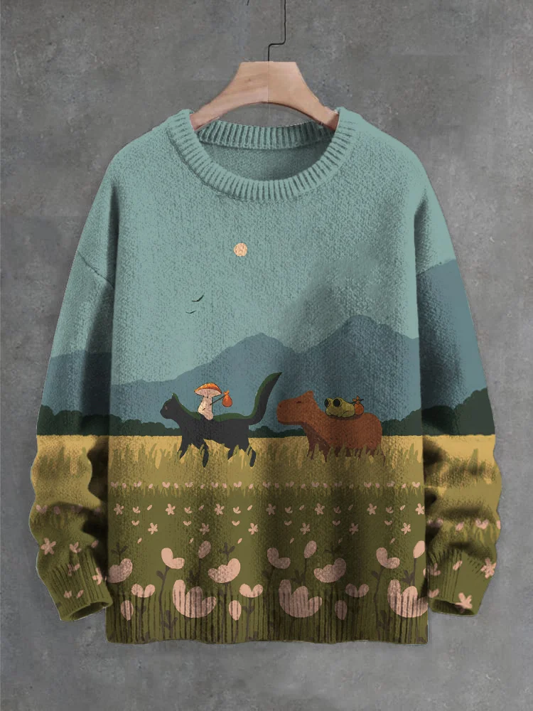 Men's Floral Black Cat Frog Capybara Mushroom Print Knit Sweatshirt