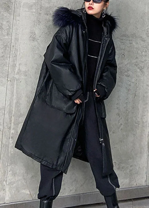 Trendy Black hooded Fur collar Pockets Thick Winter Cotton PU Parka