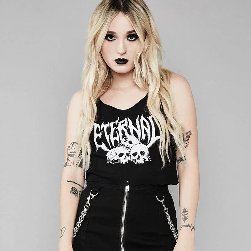 InsGoth Black Crop Tank Tops Women Gothic Punk Sexy Bodycon Skull Print Camisoles Female Casual Cotton Baisc Tank Tops Tees