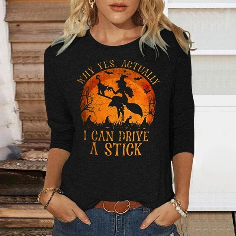 Halloween Drive Stick Long Sleeve Cotton T-Shirt