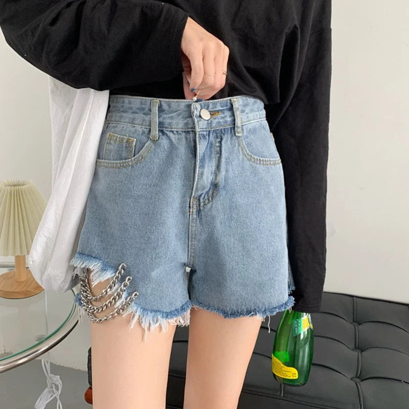 FTLZZ New Summer Women High Waist Chains Blue Denim Shorts Streetwear Female Loose Asymmetrical Tassel Ladies Jeans Shorts