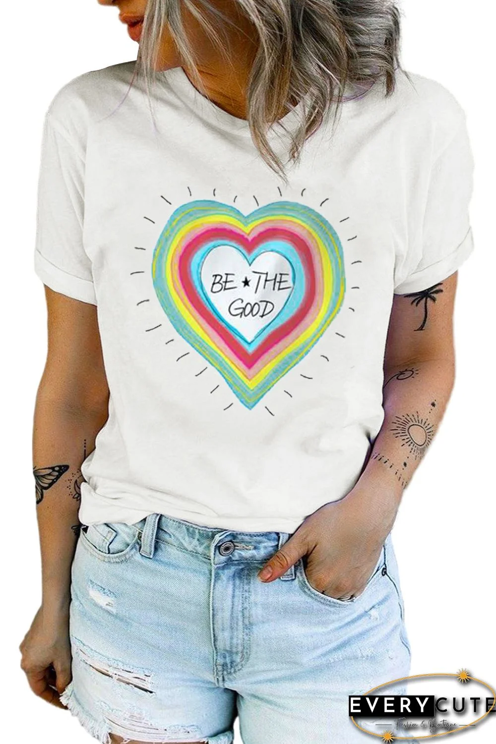 White Be The Good Heart-shaped Print Short Sleeve T Shirt