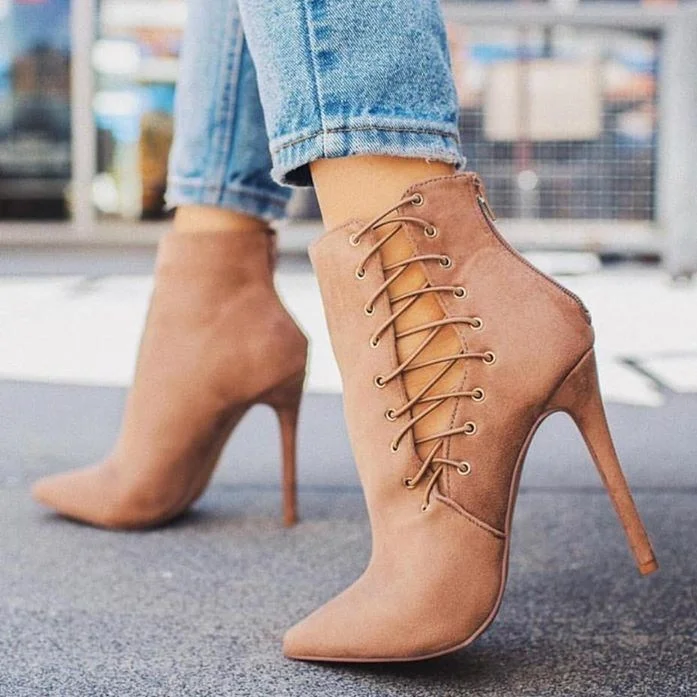 Blush Vegan Suede Side Lace-Up Boots Pointy Toe Stiletto Heel Booties |FSJ Shoes